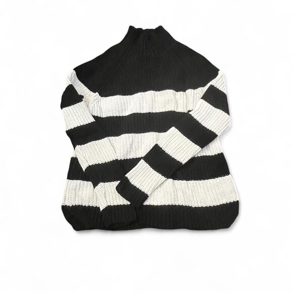 Workshop 100% cotton black white striped mockneck chunky knit sweater Sz S - Picture 3 of 5